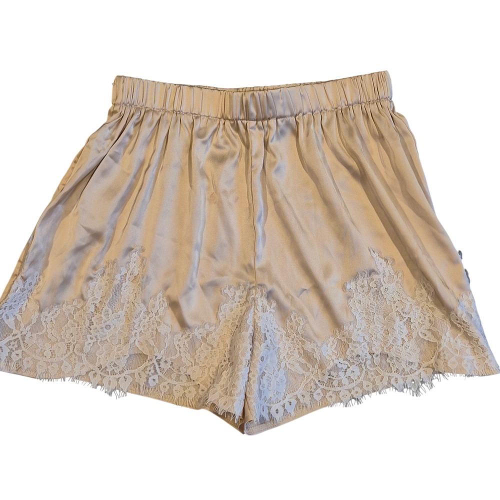Champagne Satin Lace Trim Lounge Shorts Sleepwear Beige Small
